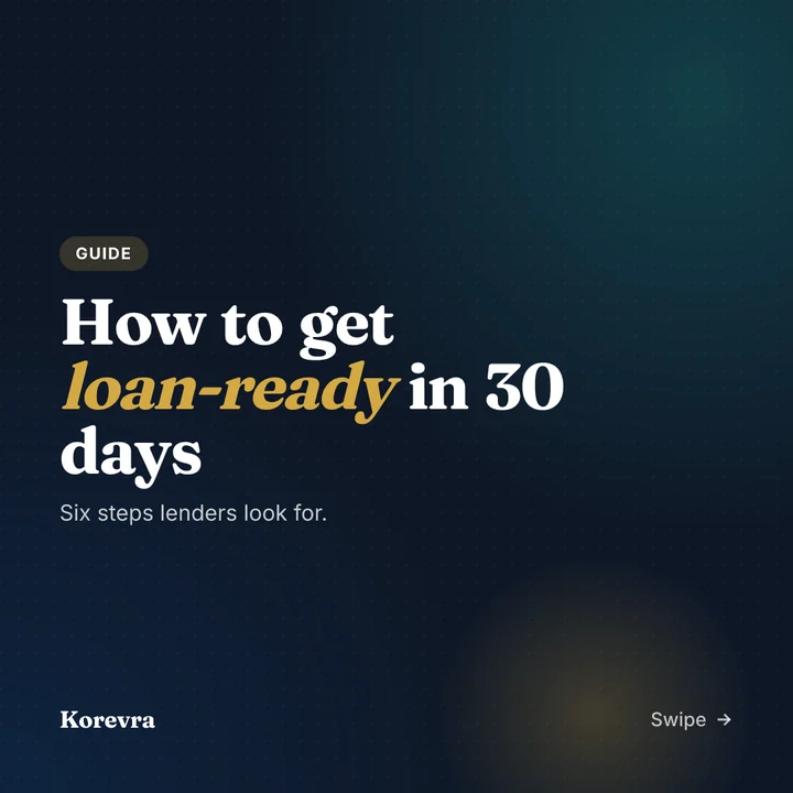 Example carousel cover: How to get loan-ready in 30 days. Six steps lenders look for.