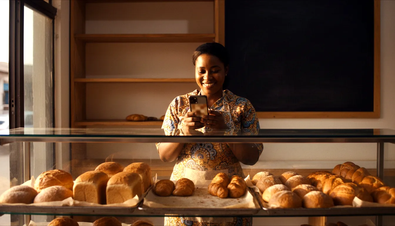 A bakery owner behind her counter of fresh bread, smiling at her phone