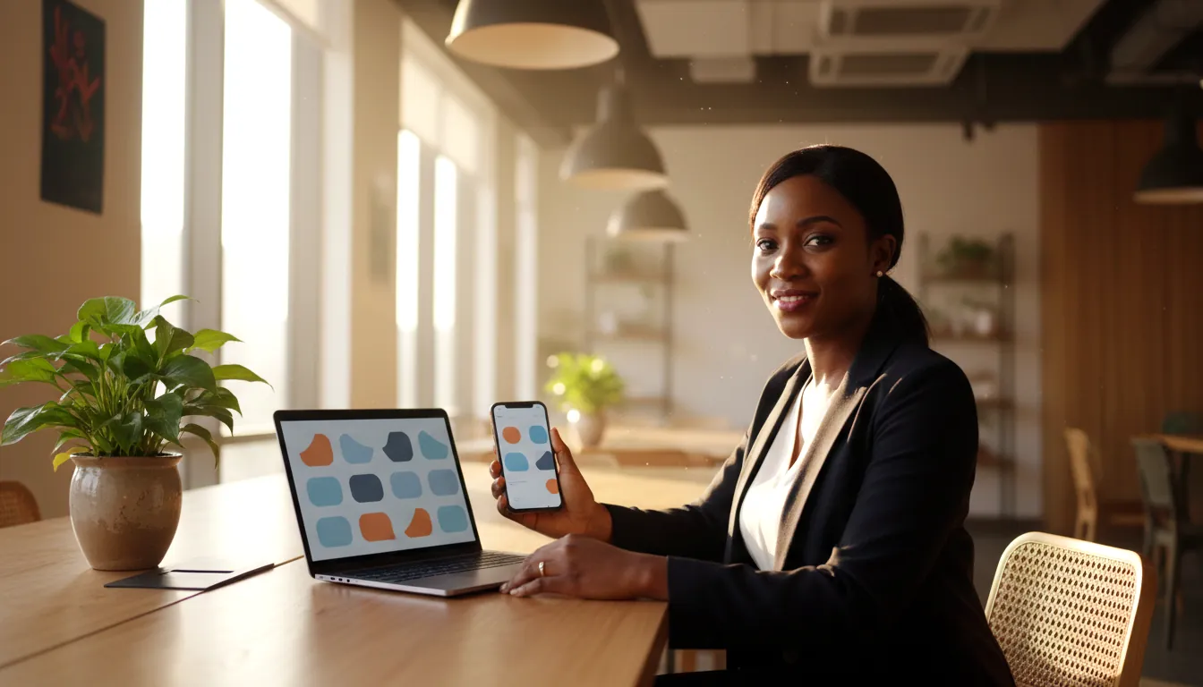 A consultant in a bright co-working space smiling as she reviews post previews on her phone